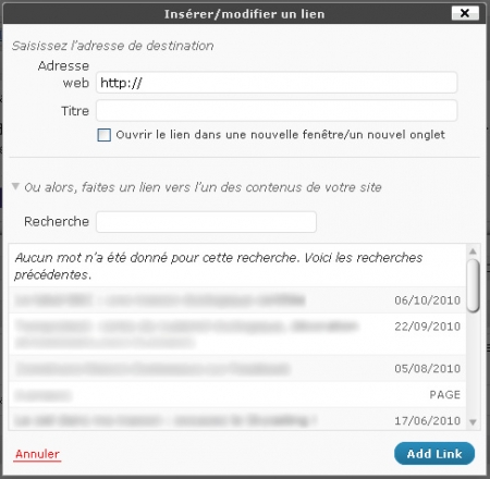 WordPress 3.1 : l'insertion d'un lien WordPress 3.1 insertion d'un lien