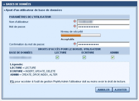 Menu de création chez infomaniak d'un utilisateur de base données