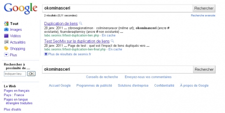 Test SEO sur la duplication des liens dans Google