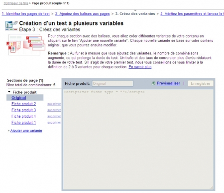 Définissez vos variables dans Google Website Optimizer