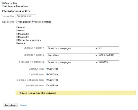 Filtre sur le positionnement des mots clés dans Google Analytics