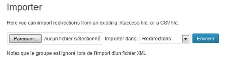 Import de redirections dans le menu Outil