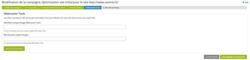 Connecter un compte Webmaster Tools sur Analytics SEO