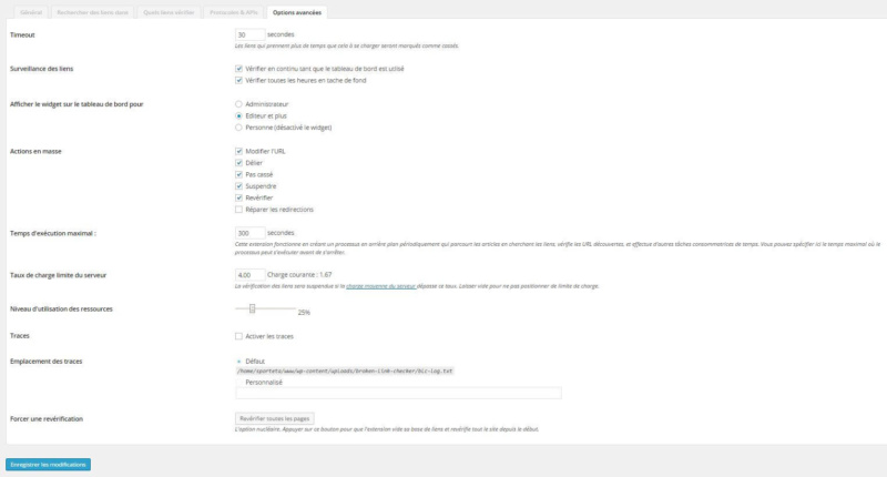options avancées broken link checker