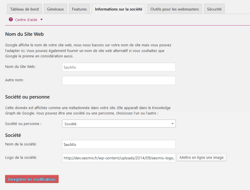 yoast seo reglages generaux informations sur la société