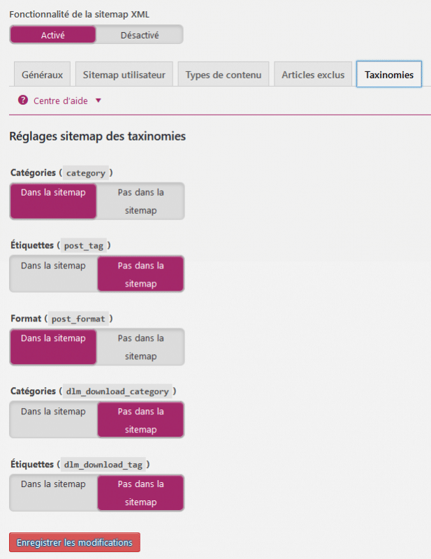 Réglages du sitemap des taxonomies Yoast