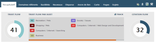 Vue des topical trust flow sur un compte majestic