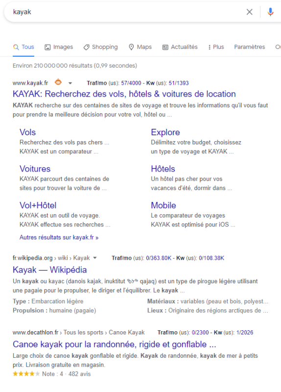 page de résultats Google sur la requête "Kayak"