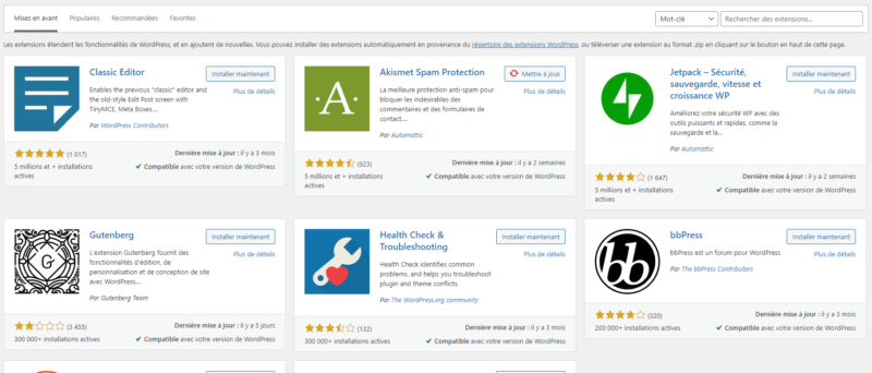 catalogue des extensions WordPress