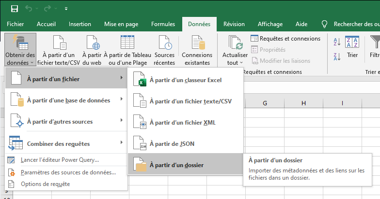 Le menu d'import de fichier par dossier dans Excel
