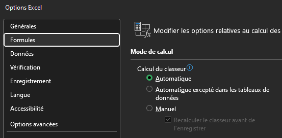 Option d'Excel sur le mode de calcul du classeur